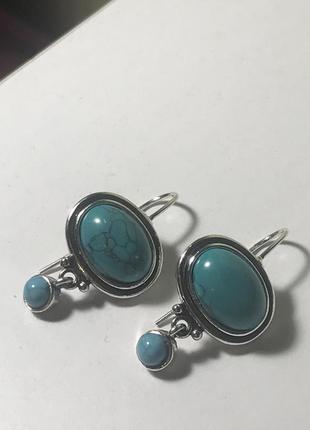 Сережки серьги висюльки в стиле бохо с посеребрением бирюза натуральный камень