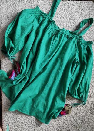 Зелена блузка сорочка топ з відкритими плечима8 фото