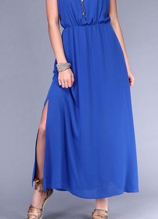 36 шикарное сатиновое шелковое длинное пол макси синее платье на бретелях сарафан шовк шёлк шелк