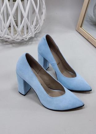 Туфли из натуральной итальянской кожи и замша голубые1 фото
