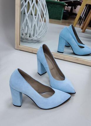 Туфли из натуральной итальянской кожи и замша голубые5 фото