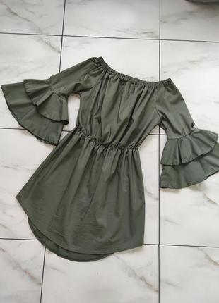 Женское оливковое платье-сарафан с открытыми плечами h&m 10-12 (44-46)1 фото