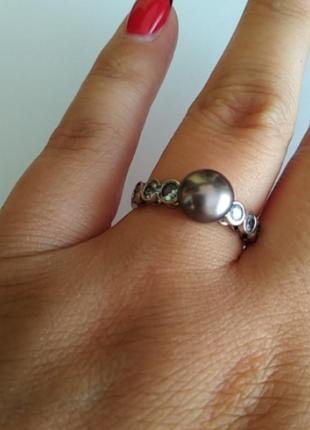 Срібне кільце кольцо каблучка з перлиною і фіанітами2 фото