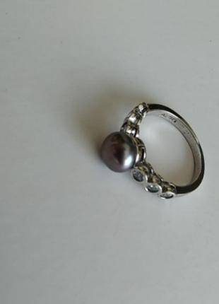 Срібне кільце кольцо каблучка з перлиною і фіанітами3 фото