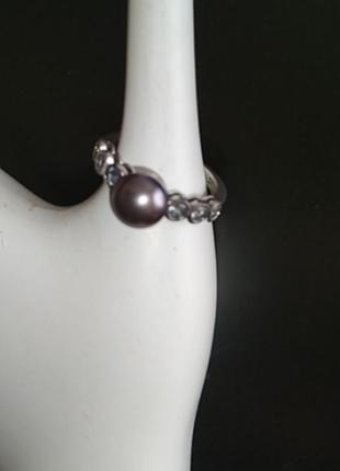 Срібне кільце кольцо каблучка з перлиною і фіанітами6 фото