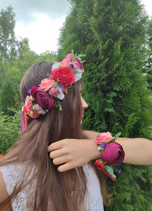 Вінок з квітами, ободок з квітами та браслет,набір прикрас