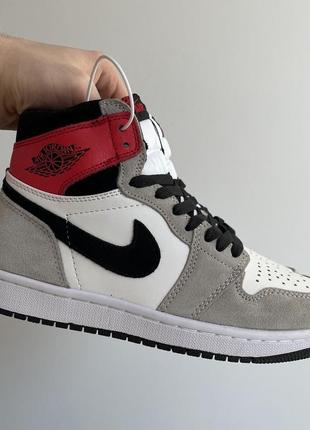 Женские высокие кожаные кроссовки nike air jordan 1 retro high grey/red			#найк