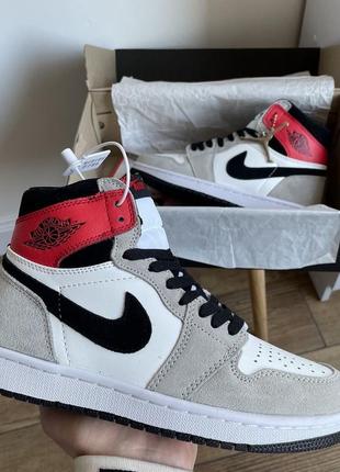 Женские высокие кожаные кроссовки nike air jordan 1 retro high grey/red			#найк9 фото