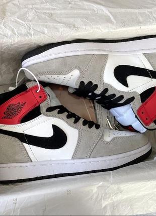 Женские высокие кожаные кроссовки nike air jordan 1 retro high grey/red			#найк3 фото