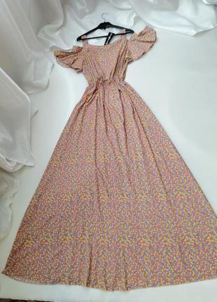 Плаття бавовна в підлогу з воланами квітковий принт відкриті плечі платье хлопок в пол с воланами цв