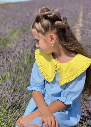 Літній сарафан для дівчаток з льону блакитного3 фото