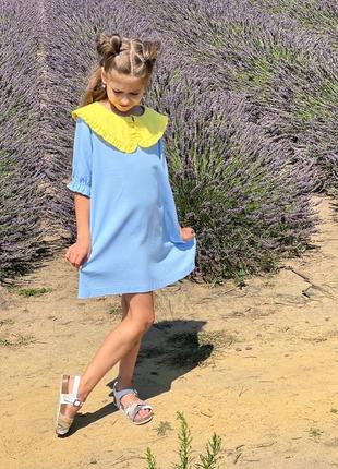 Літній сарафан для дівчаток з льону блакитного7 фото