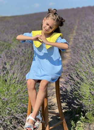 Літній сарафан для дівчаток з льону блакитного2 фото