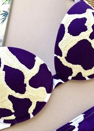 Фіолетовий роздільний купальник з пуш-ап в леопардовий принт оздоблений паєтками3 фото