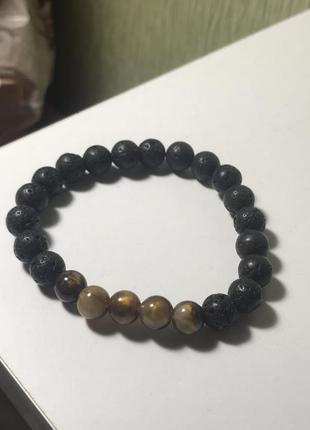 Браслет натуральне каміння бусини вулканічний камінь тигровий камінь на резинці