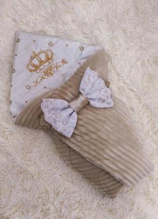 Зимний плюшевый конверт одеяло на выписку, вышивка корона, кофейный