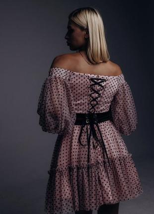Платье женское короткое, мини, розовое, нарядное, с  объемными рукавами, дизайнерское, бренд6 фото