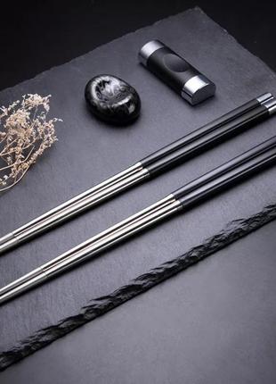Премиум многоразовые китайские корейские японские палочки для еды, суши, роллов нержавеющая сталь чёрные4 фото