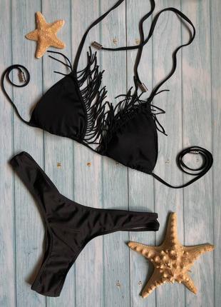 Новый купальник двухсторонний, с бахромой черный базовый