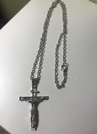 Кулон подвеска крест распятие на цепочке под серебро 9253 фото