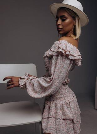 Костюм двійка жіночий топ з довгим рукавом, коротка спідниця міні, рожевий квітковий принт, бренд