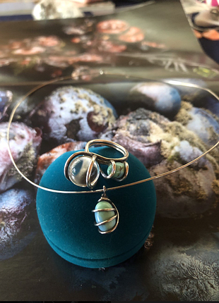 Срібло, кварц, бірюза, авторська ручна робота – каблучка 16 р. та чокер, вінтаж 90ті