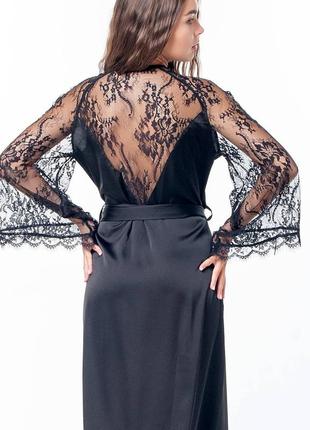 Serenade 774 длинный черный шелковый халат с французским кружевом6 фото