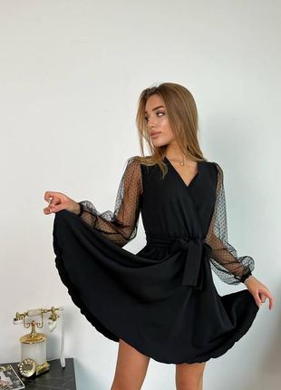 Чёрное платье с рукавами сеткой и имитацией запаха, юбка солнце реал фото6 фото