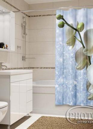 Фото шторка для ванної "біла орхідея на голубому тлі" - ціна вказана за 1 м. кв. читаємо опис!