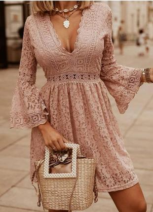 Кружевное платье lilie rose, гипюровое, расширенное, нарядное, цвет пудры, кроше, zara,