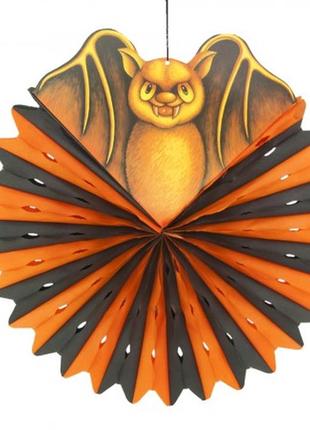 Декор на хеллоуин подвесной летучая мышь с кругом тишью черно-оранжевая1 фото