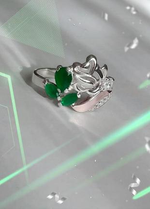 🫧 17.5 размер кольцо серебро с золотом фианит зелёный2 фото
