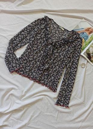 Винтажный топ сеточка с рюшами/в цветочный принт/с длинным рукавом /полупрозрачный