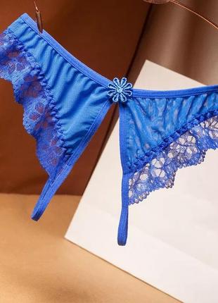 Эротические трусики синие женские с разрезом - размер универсальный, резинка до 100см