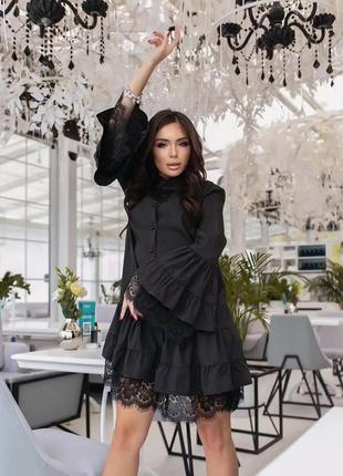 Трендова коктейльна чорна сукня плаття сорочка з мереживом та воланами2 фото