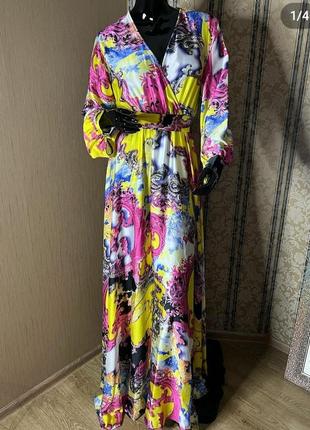 Красочное шелковое платье в пол, невероятно шикарное и приятное к телу,ог до 108, скидка..
