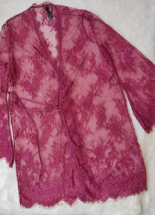 Рожевий бордовий пенюар комплект ажурний з гіпюром вишивкою на запах халат широкими рукавами summers5 фото