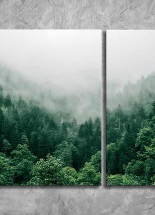 Картина модульна туманний ліс краєвид гори і дерева в тумані на дерев'яному підрамнику 100х60см з 2-х частин