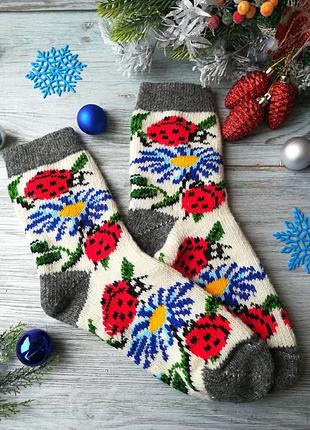 Шкарпетки жіночі зимові вовняні вязаные новорічні "сонечка на білому" , р. 39-43