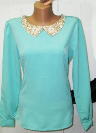 Блузка бирюзовая с вышитым воротником  46 l