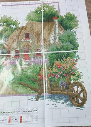 Набор для вышивки крестом   лето пейзаж домик размер картины 60х40 см частичная зашивка2 фото