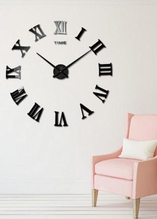 Настінний об'ємний 3d-годинник великий 120 см із римськими цифрами колір чорний diy зроби сам art clock 3d глянсовий