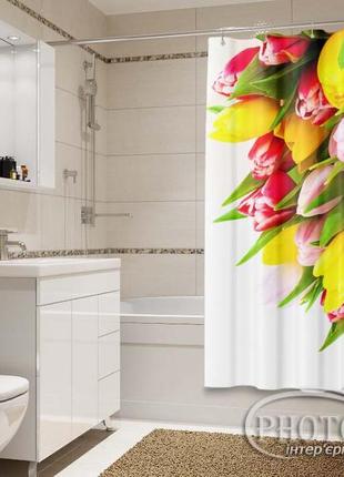 Фото шторка для ванної "букети різнокольорових тюльпанів" - ціна вказана за 1 м. кв. читаємо опис!