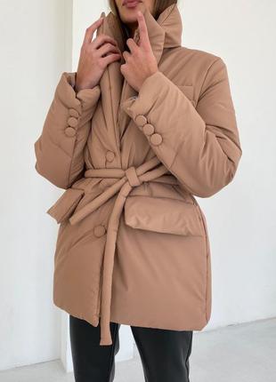 Куртка пальто с поясом воротником отложным матовая класика короткая черная кэмел бежевая б...