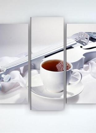Картина з частин для обідньої зони чашка чаю, світлий фон, біла скрипка 125х70см з 5 частин