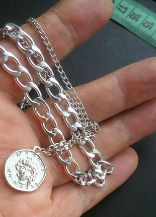 Ожерелье колье чокер цепочка с подвеской монетка золотистое серебристое5 фото