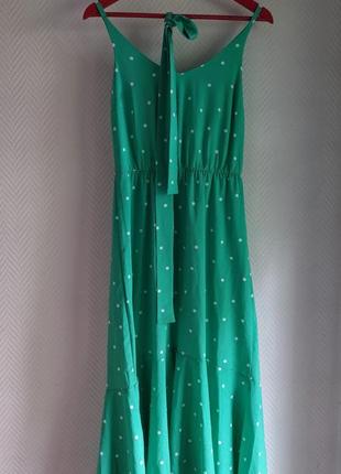 Ніжна міді сукня комбінація в горох із подовженим ззаду подолом волан рюш з паском плаття сарафан в бельевом стиле на бретелях в горошек под пояс2 фото