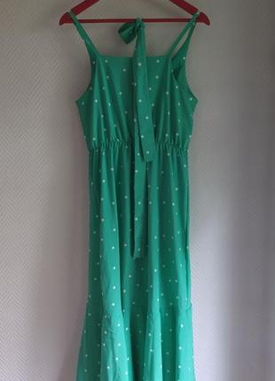 Ніжна міді сукня комбінація в горох із подовженим ззаду подолом волан рюш з паском плаття сарафан в бельевом стиле на бретелях в горошек под пояс4 фото