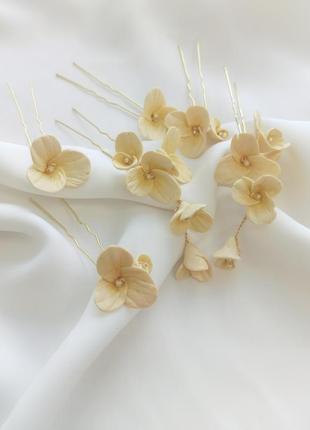 Прикраси в зачіску, набір шпильок з квітами, весільний квіти бежево-жовтого кольору ksenija vitali1 фото