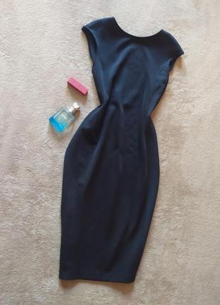 Шикарное классическое плотное чёрное платье миди с вырезом на спине